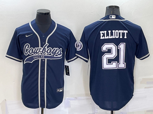 Men's Dallas Cowboys #21 Ezekiel Elliott Navy Cool Base Stitched Baseball Jersey